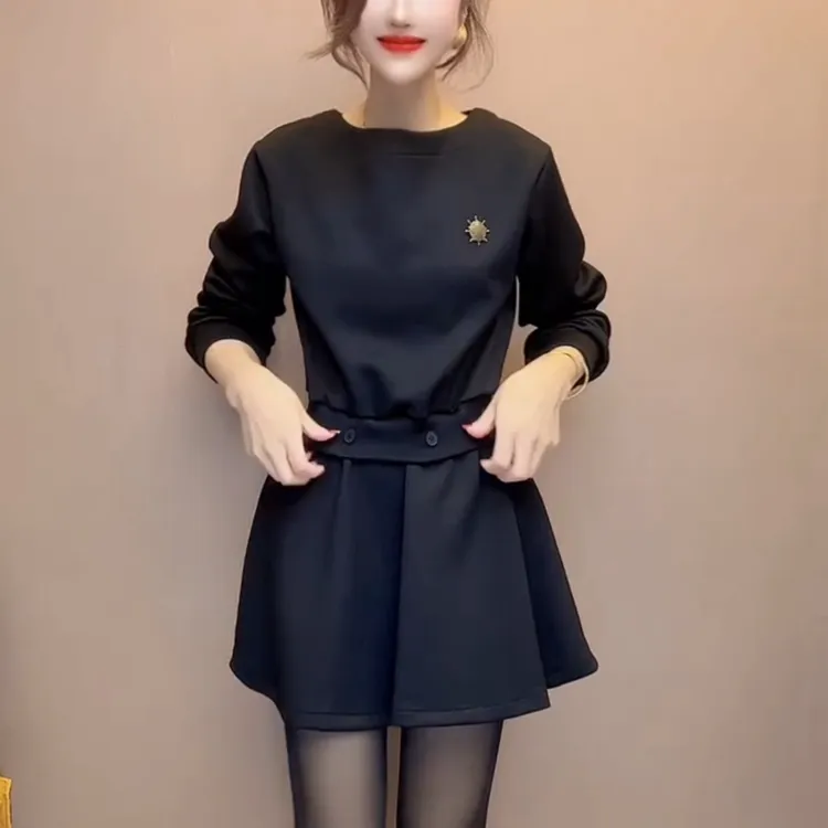 秋冬新款圆领长袖印花法式修身豹纹短裙连衣裙