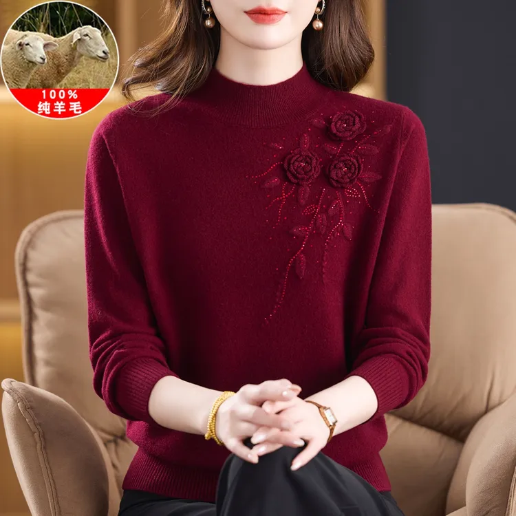 100%纯羊毛衫女半高领毛衣秋冬新款妈妈针织打底衫上衣宽松洋气厚