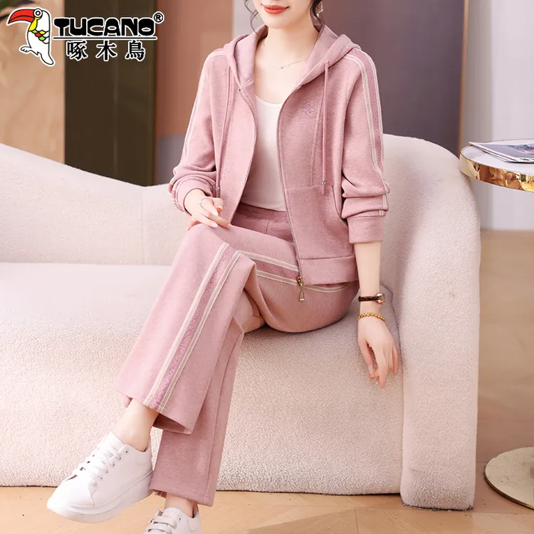 啄木鸟休闲运动套装女2025新款春秋连帽卫衣女士开衫跑步服两件套