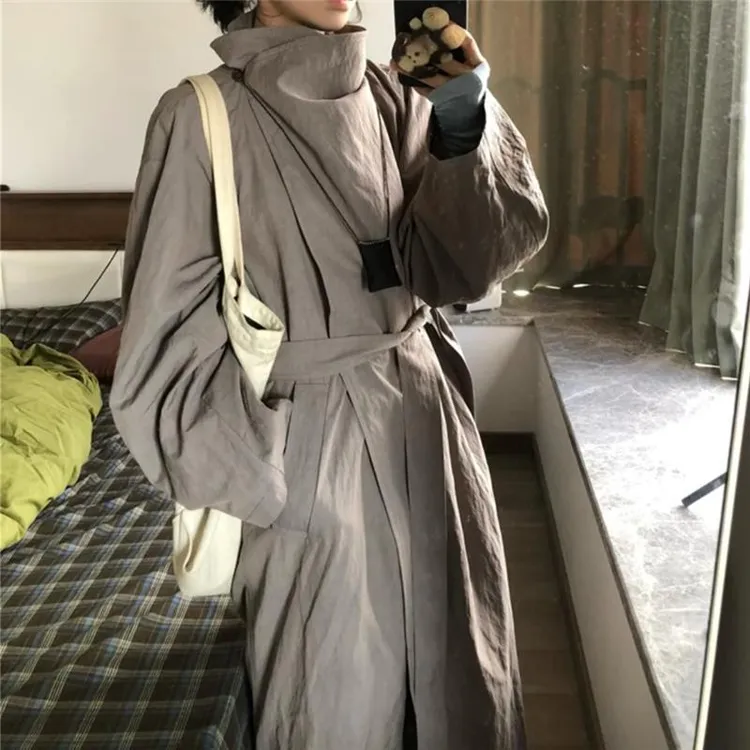 石墨灰肌理褶皱立领风衣外套女秋季高智感ROW风宽松廓形长版大衣
