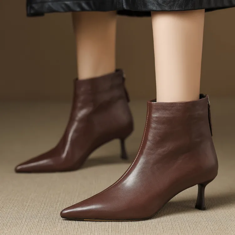 5.5cm秋冬棕色显腿长靴子真皮百搭细跟短靴2025新款法式高跟女靴