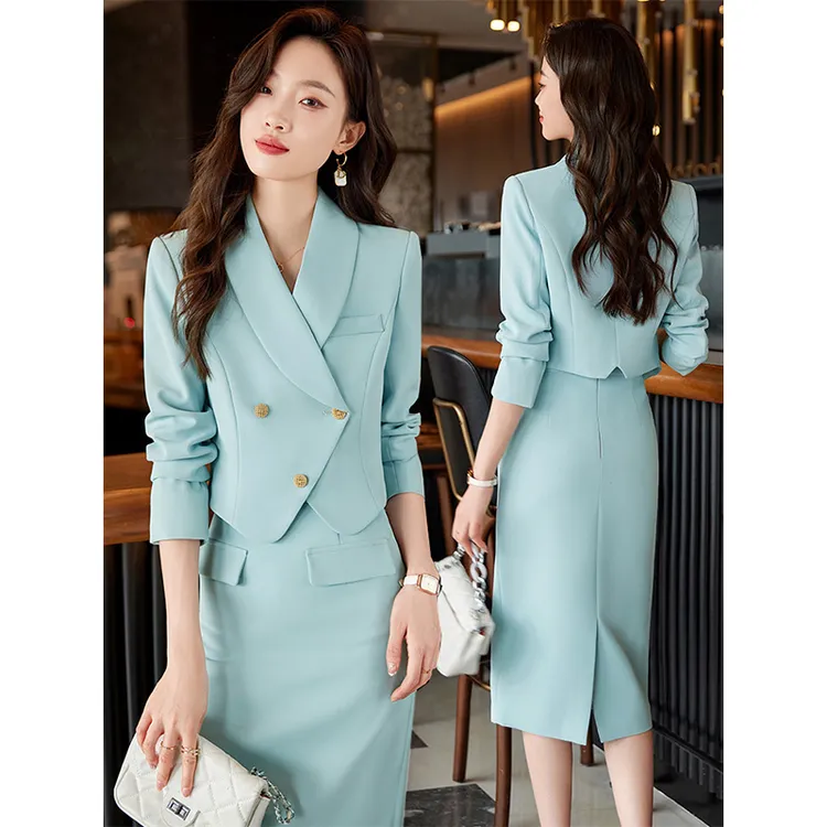 蓝色西装外套女2025新款气质名媛休闲职业套裙时尚短款小西服套装