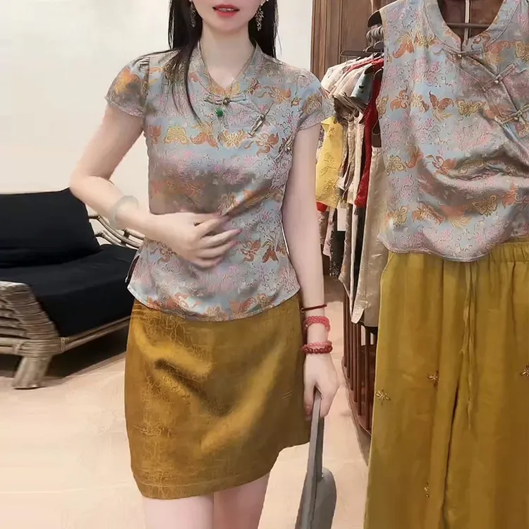 新中式国风裙子套装女夏季新重工提花盘扣短袖衬衫半身短裙两件套