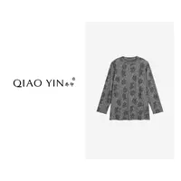 QIAO YIN“T恤“翻领T恤提花宽松女长袖上衣圆领潮流QY28402