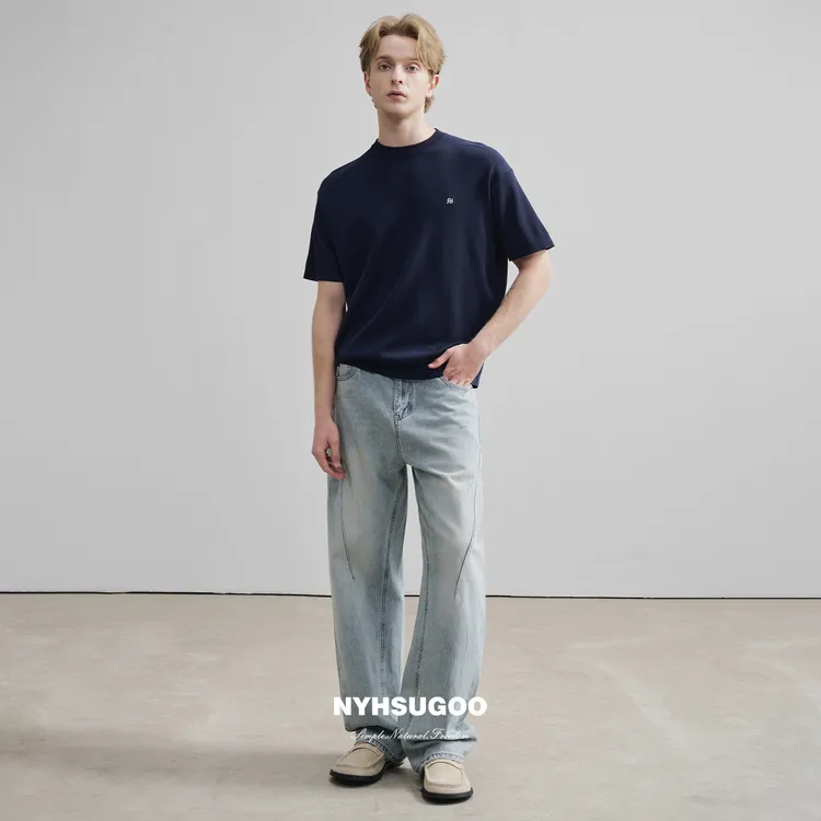 NYHSUGOO/南乙3563春夏男士喷马骝炒盐工艺复古高棉感水洗牛仔裤