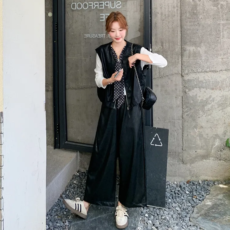 欧货洋气爆款套装女2025秋季新款高级感撞色拼接上衣阔腿裤两件套