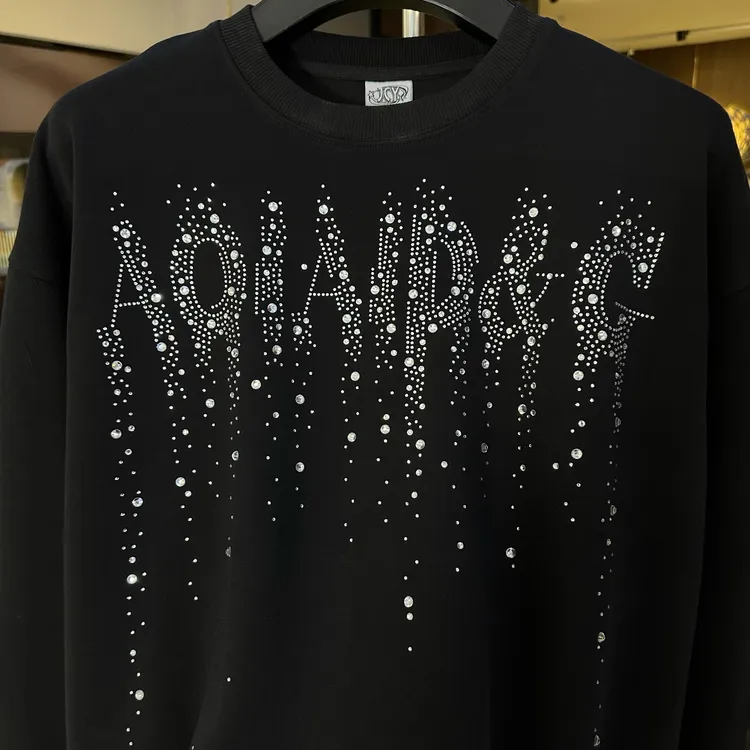 男士新款秋冬圆领烫钻宽松休闲黑色重工镶钻卫衣上衣套头长袖时尚