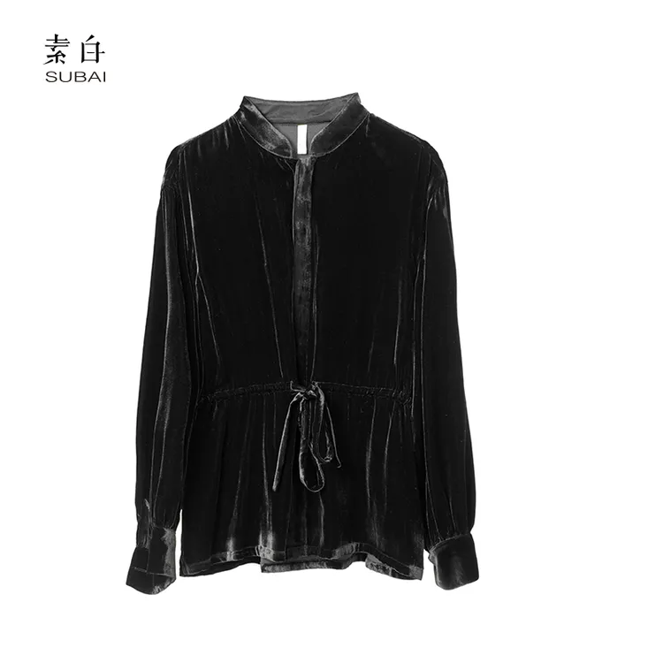 素白设计感【黑丝绒】S00093轻奢百搭丝绒长袖衬衫