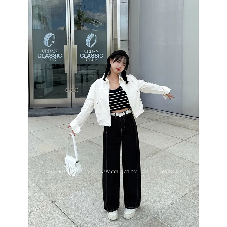 王家有鱼【小个子定制】原牛黑阔腿裤女2025秋季新款休闲百搭牛仔裤