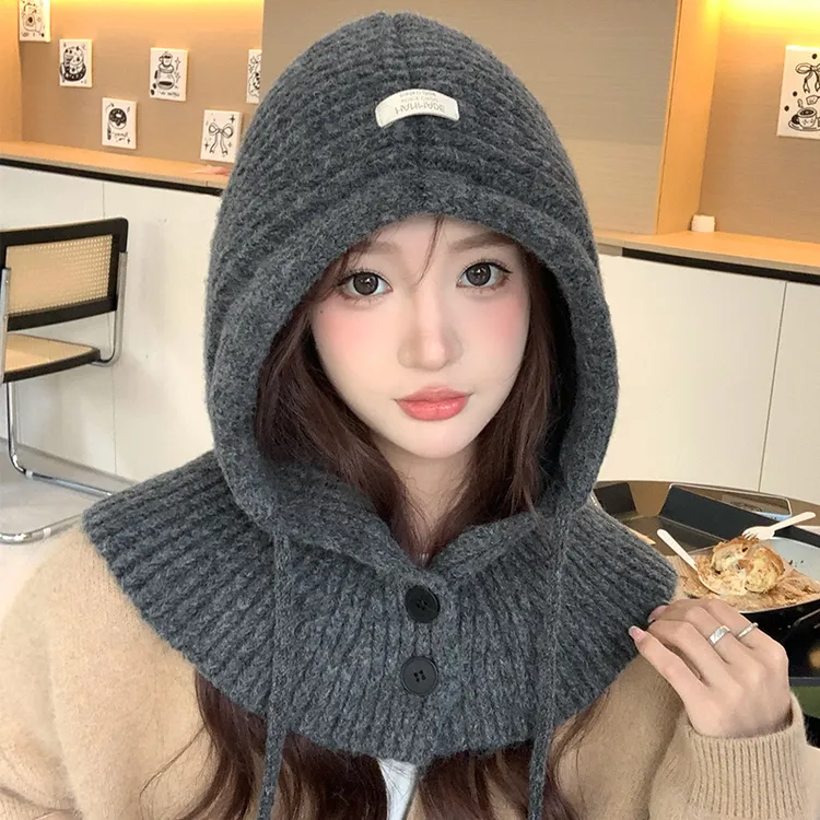 巴拉克拉法帽子女秋冬大头围针织连帽围脖披肩一体保暖护耳毛线帽