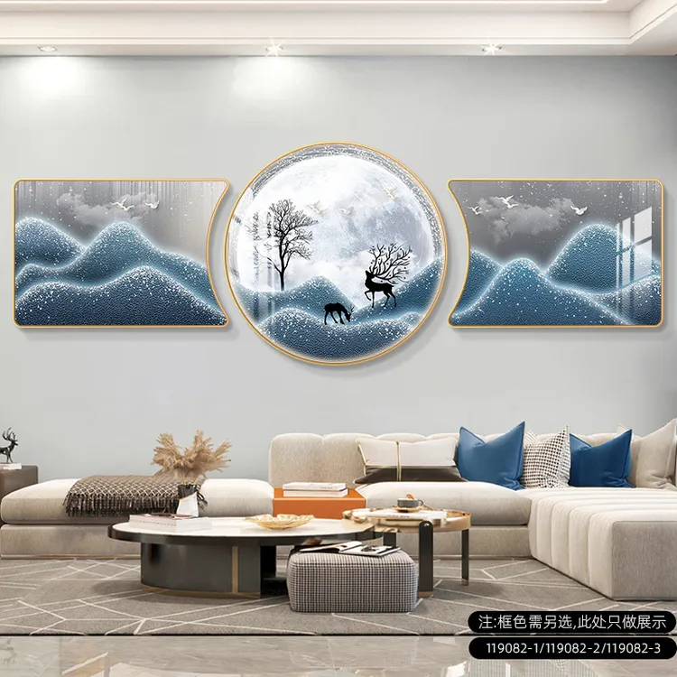 客厅九鱼来财装饰画高档大气沙发背景墙三联画背有靠山现代简约画
