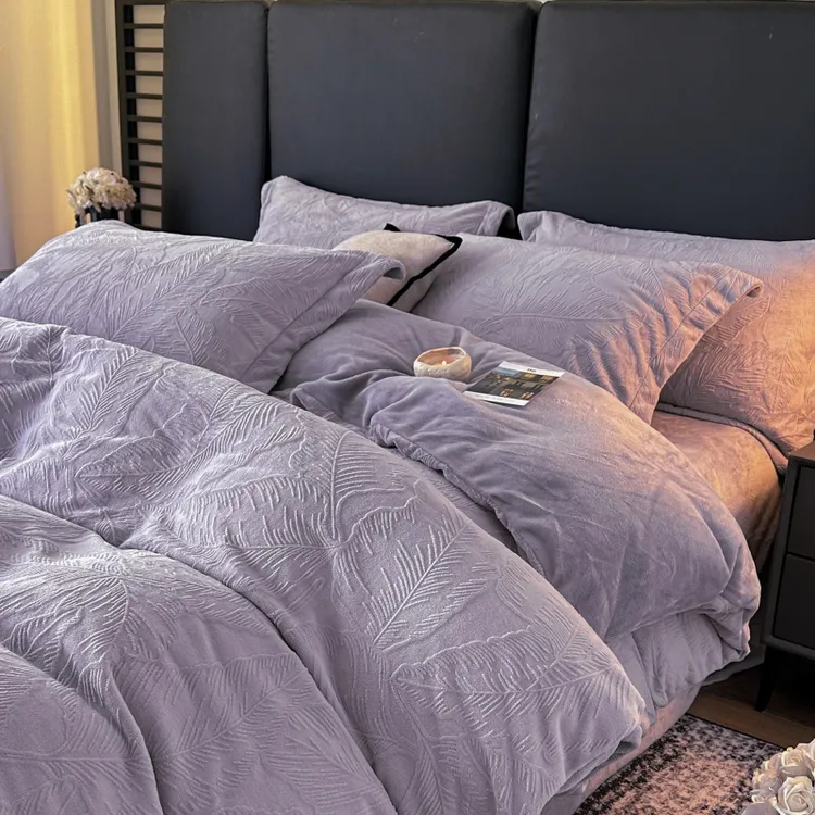 富安娜冬新款A类全消光牛奶绒立体5D雕花保暖双面绒四件套套件棉4