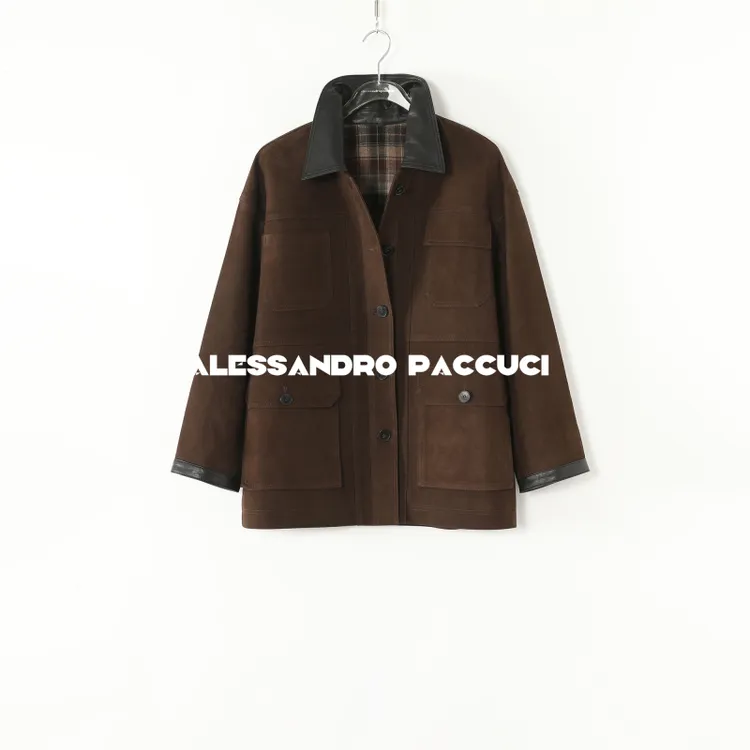 AP洛哥53035PY【游猎/黑标】羊皮反绒拼接翻领时尚巴恩风狩猎装外套