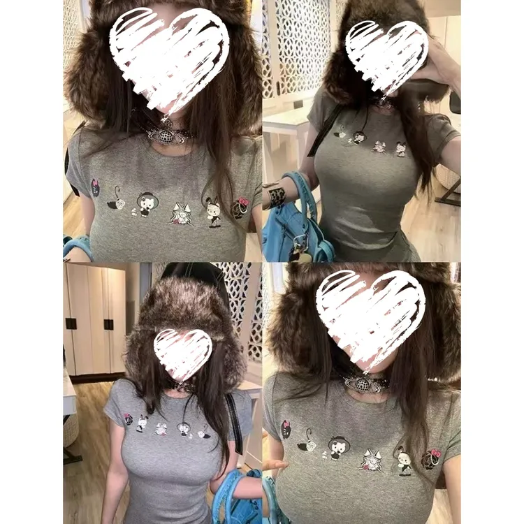 【宥妍专属】设计感收腰圆领卡通印花短袖     80666