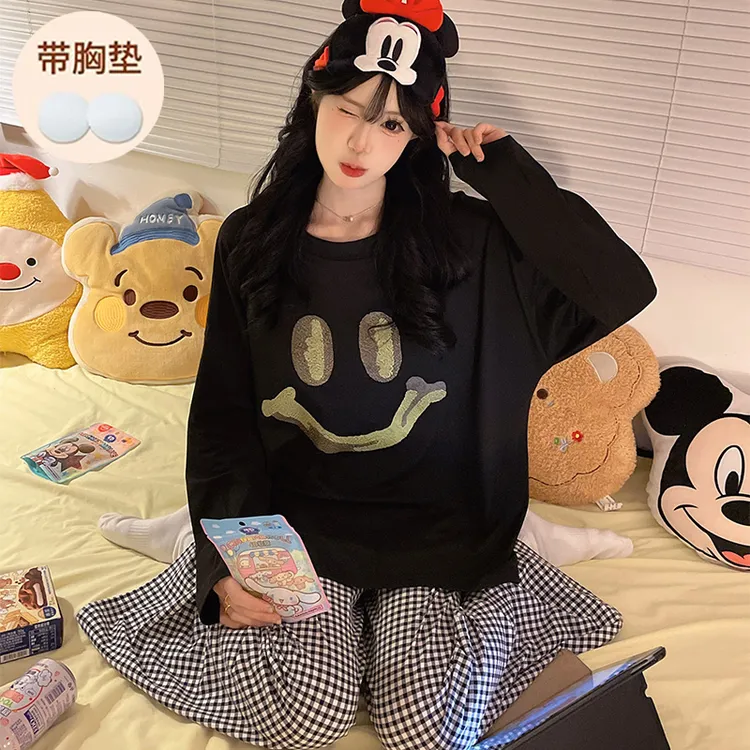初中生睡衣女春秋季长袖带胸垫可爱大童12-13-15岁女孩防凸点学生
