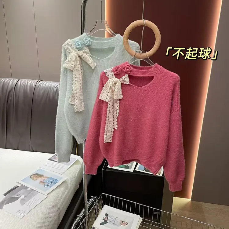 不起球 超仙的蕾丝蝴蝶结花朵装饰毛衣女韩版气质镂空领针织衫