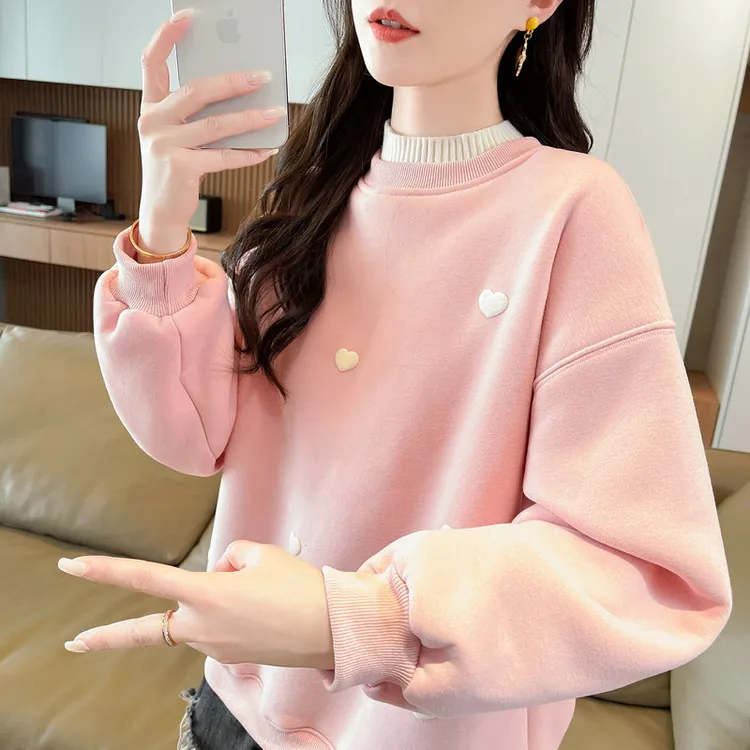 半高领卫衣女2025新款秋冬季韩版宽松加绒加厚保暖初中生上衣外套