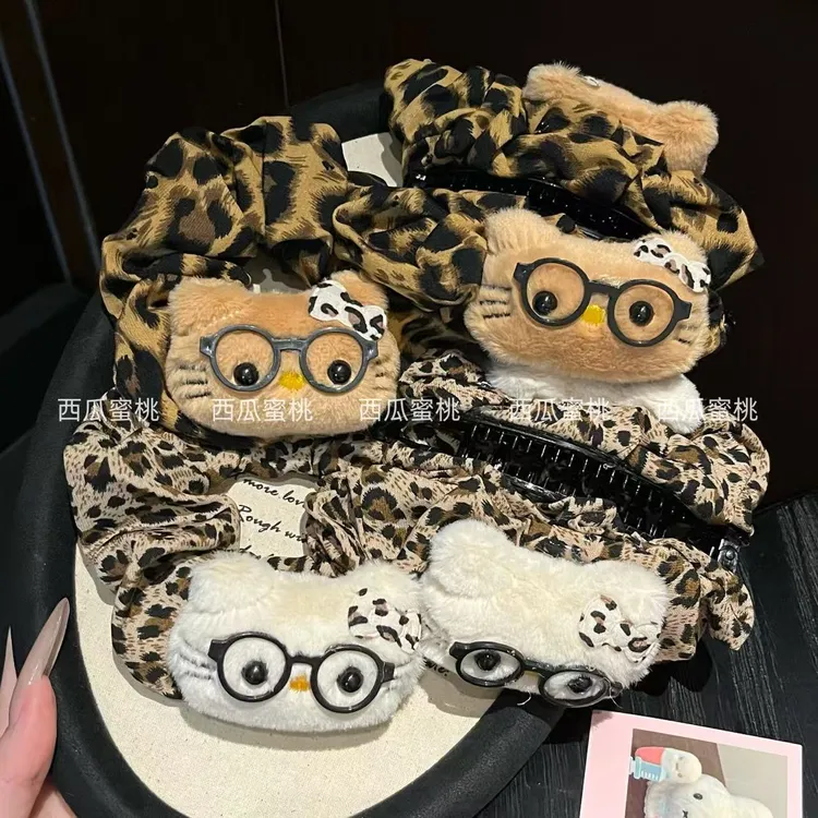 新款豹纹猫咪毛绒发圈可爱高马尾发绳头绳少女发饰大肠发圈香蕉夹