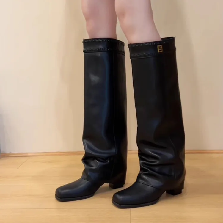 Pokoy-5.5cm方头骑士靴复古不过膝女秋冬高筒靴子显瘦
