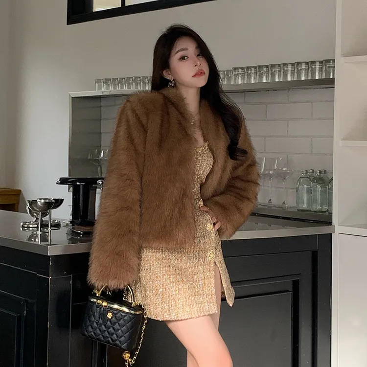 美式复古棕色毛毛外套女2025冬季新款高级感时尚气质名媛毛绒上衣