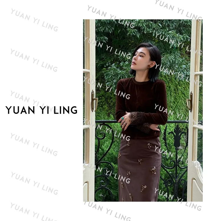 袁艺灵【心机打底】25秋季新款植绒长袖蕾丝拼接圆领时尚百搭T恤