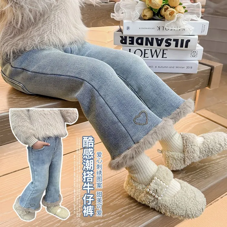 女童加绒喇叭裤秋冬款宝宝外穿一体绒加厚牛仔裤儿童冬季裤子科学