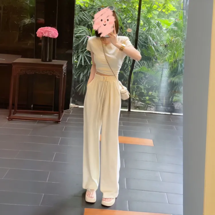  重工烫砖绑带修身圆领短袖T恤阔腿裤两件套女极简舒适休闲套装夏