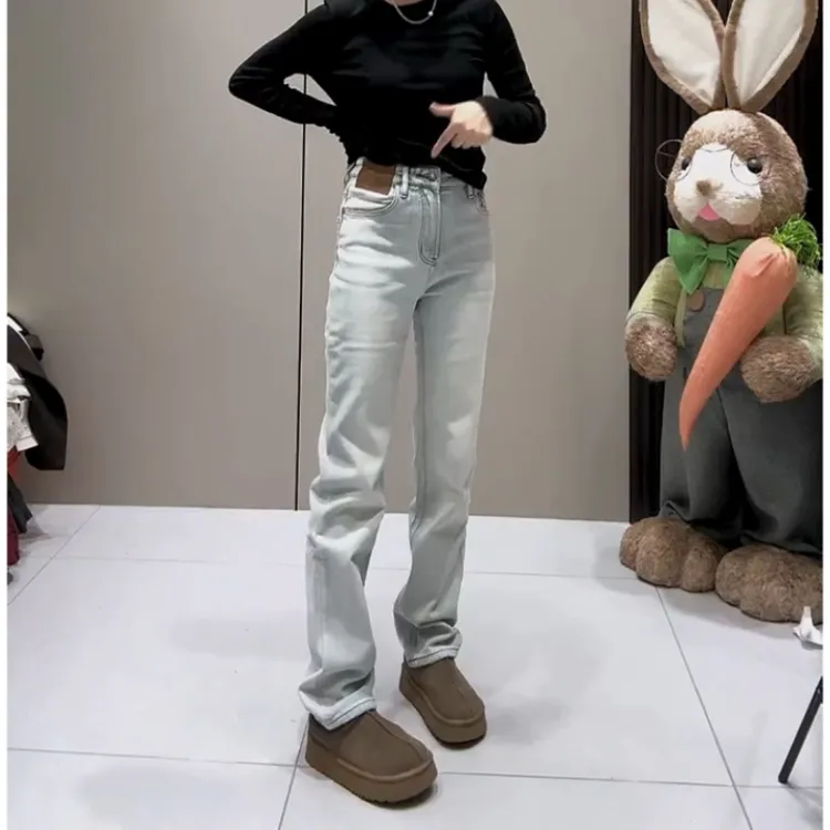 Aimeerosa/艾洛莎牛仔裤高腰遮肉显瘦长裤春季潮流百搭帅气直筒裤