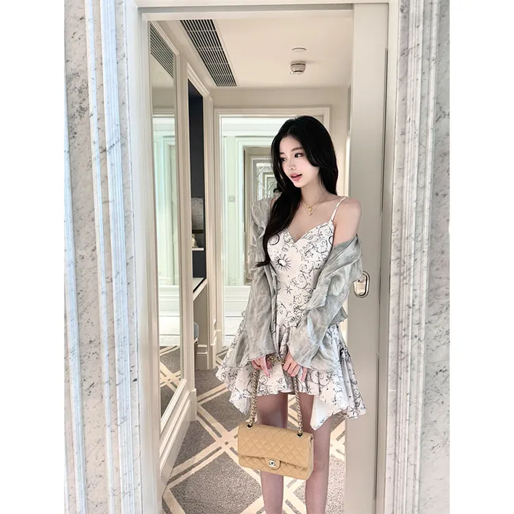 【云涧天鹅/贵气裸感】荷叶边墨色开衫小外套印花吊带连衣裙女