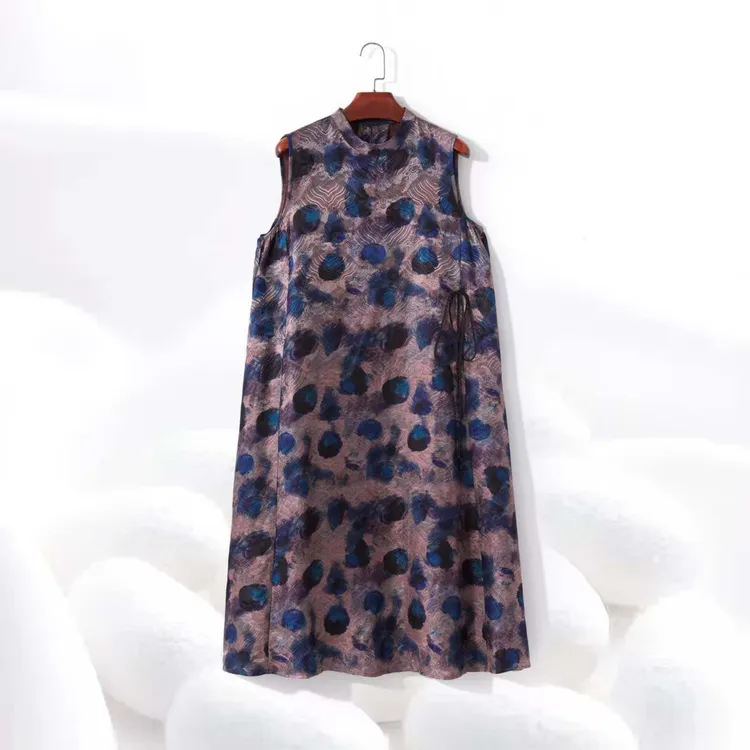 特价【蓝陵海浪】100%桑蚕丝香云纱背心裙宽松长连衣裙子 KP769