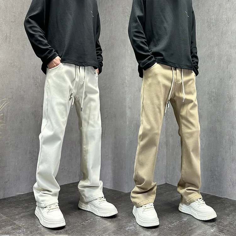 美式潮牌卡其色微喇休闲裤男款秋冬加绒cleanfit直筒松紧腰长裤子