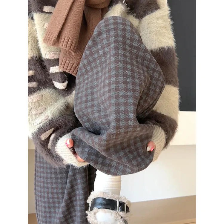 咖灰色格子裤女秋冬季2025新款加绒休闲百搭复古直筒加厚阔腿裤子