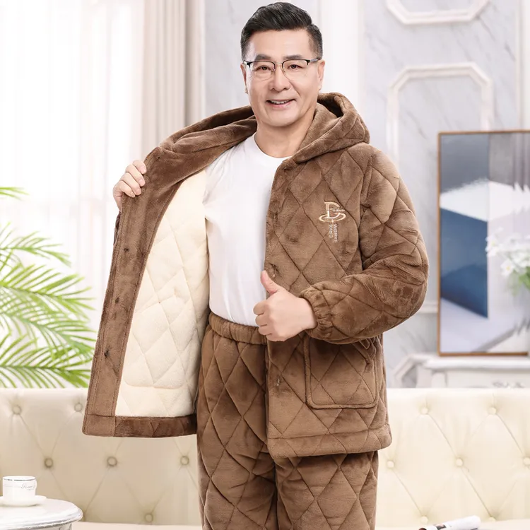 爸爸男士睡衣男秋冬季加厚加绒珊瑚绒夹棉袄中老年保暖家居服