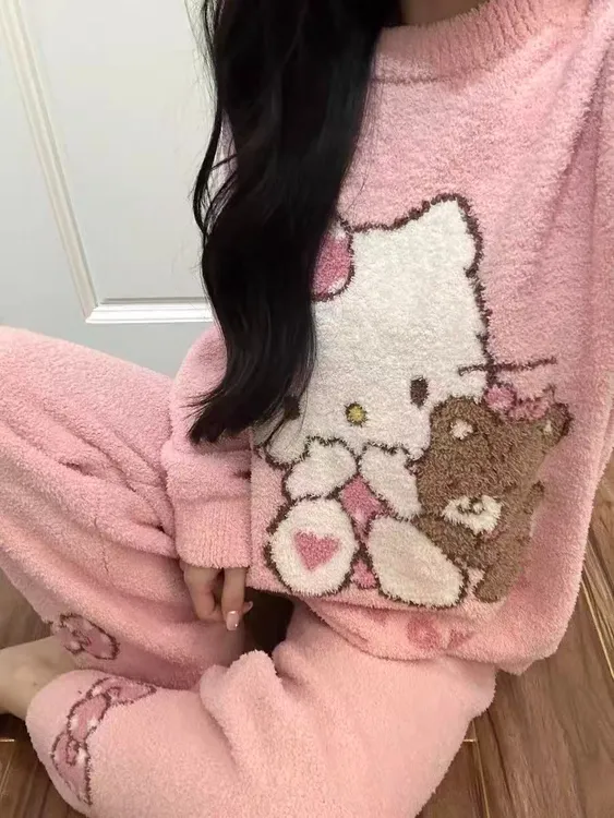冬季睡衣半边绒加绒甜美女生粉色系KT猫保暖睡衣套装家居服冬款