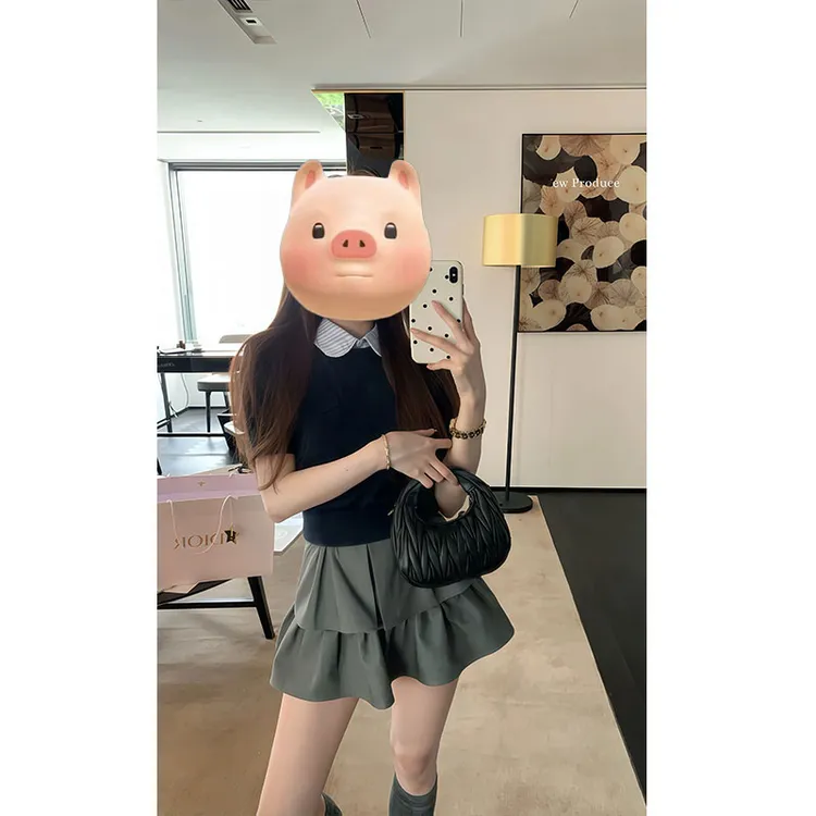 【鞠式美学】学院风娃娃领针织夏季新款上衣配显瘦高腰灰色蓬蓬短裙
