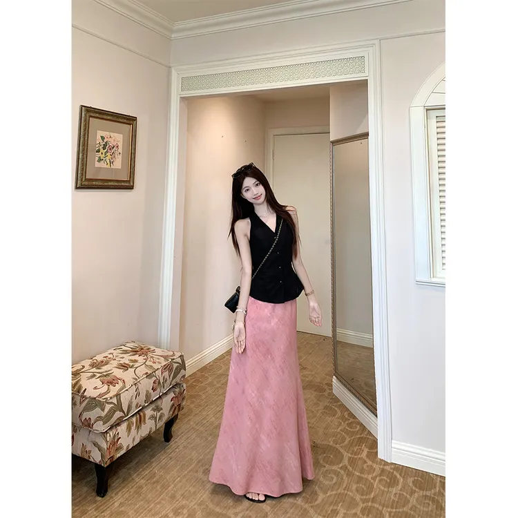 老钱风马甲开衫背心辣妹性感高腰扎染半身长裙套装女21588#