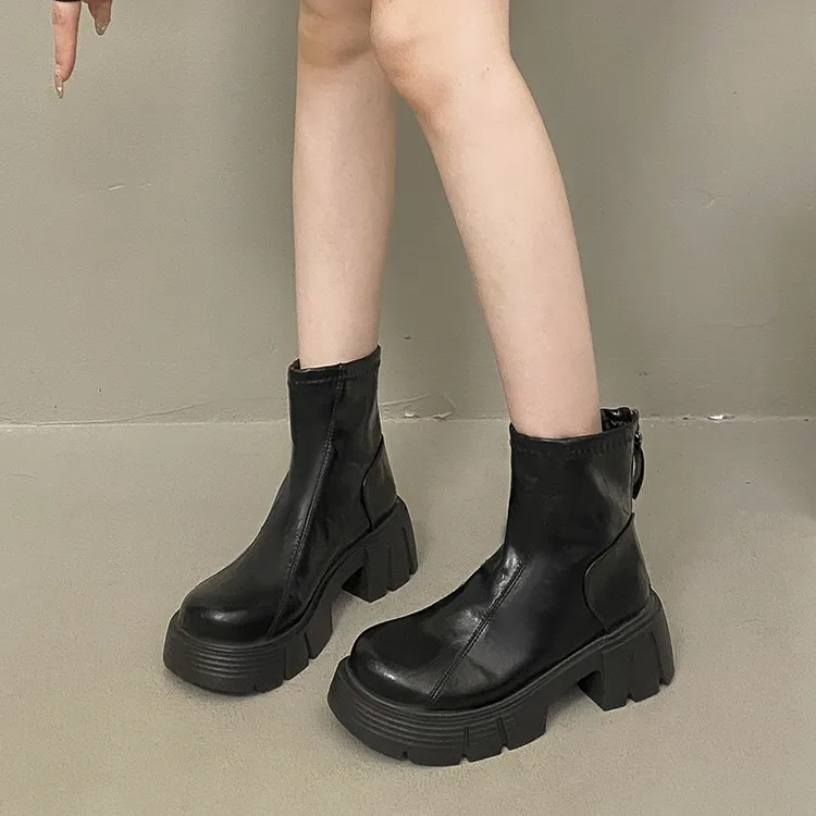 厚底增高拉链马丁靴女单靴2025秋季新款切尔西靴显瘦复古粗跟短靴