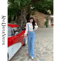 KUN【海盐coco】一裤多穿 定染显白蓝小香料显瘦可拆卸背带直筒裤子