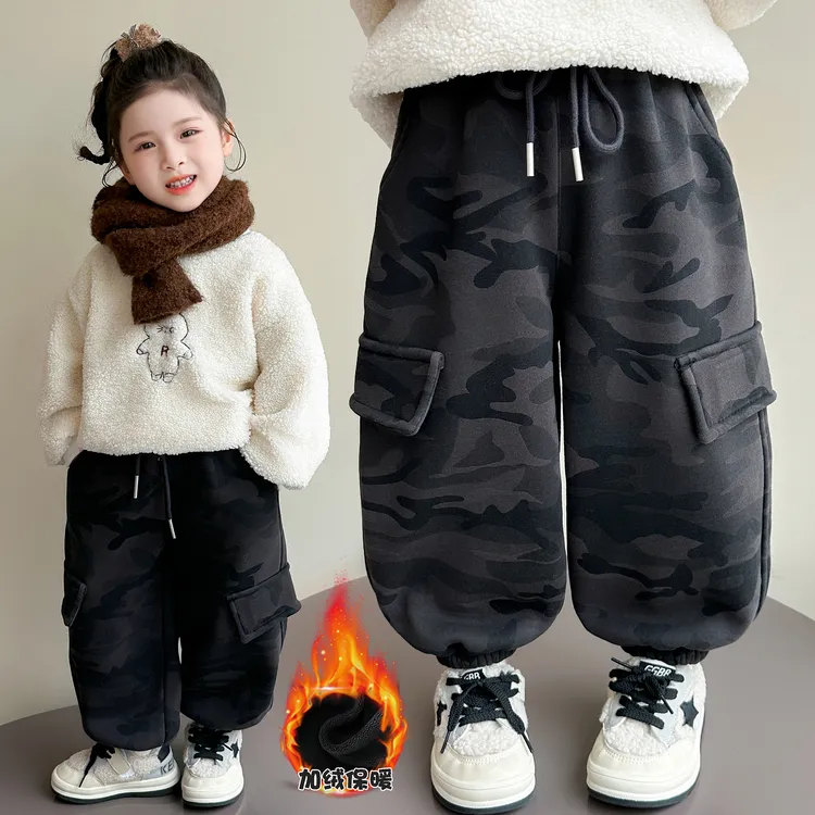 女童加绒裤子秋冬季新款洋气儿童加厚工装迷彩休闲裤女宝保暖长裤