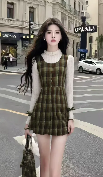 秋季新款淑女米白色圆领长袖上衣+绿色格子U领背带连衣裙两件套