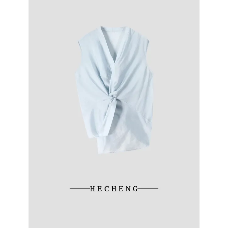 【禾呈】V领常规夏季休闲风无袖扭结衬衫时尚休闲气质网红10399