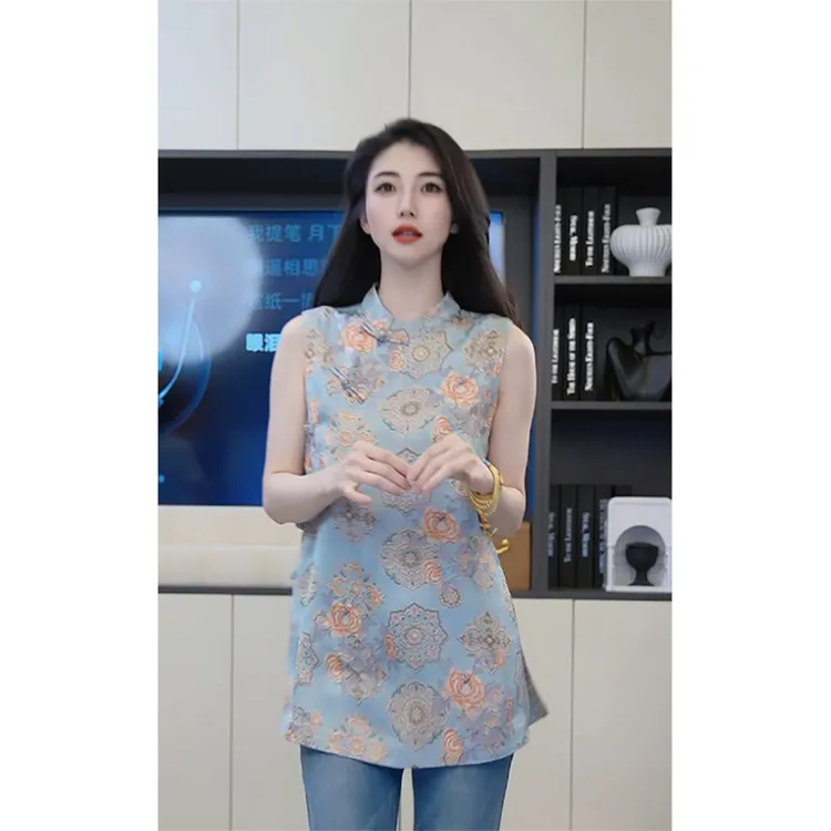 小乖逃25 新中式国风蓝色衬衫马甲阳光牡丹花朵马甲典雅S25483