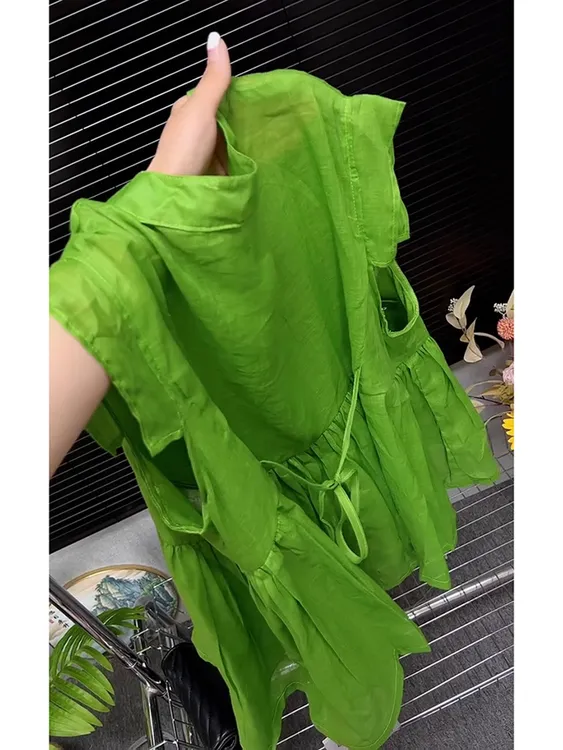 今年流行独特漂亮超好看多巴胺上衣洋气减龄绿色亚麻无袖T恤女夏