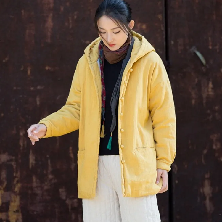 2025秋冬季夹棉加厚复古盘扣棉衣棉服女士中长款连帽宽松棉袄外套