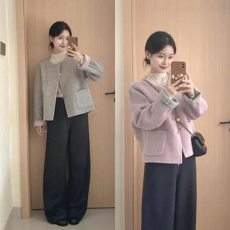 秋冬款女甜美小香风套装双面穿毛呢外套打底衫阔腿裤简约三件套女