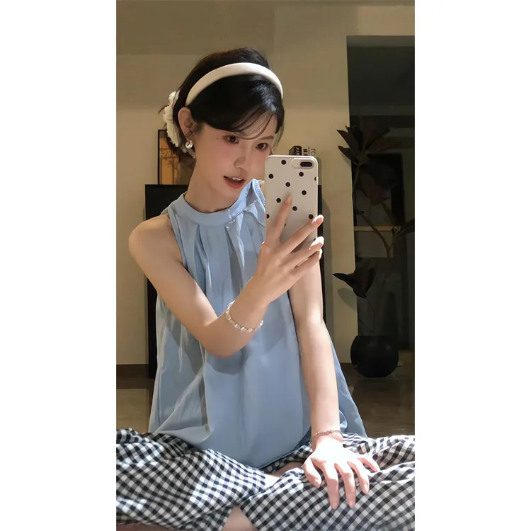 浅蓝色温柔挂脖衬衫圆领褶皱衬衣无袖上衣格子阔腿裤垂坠感休闲裤