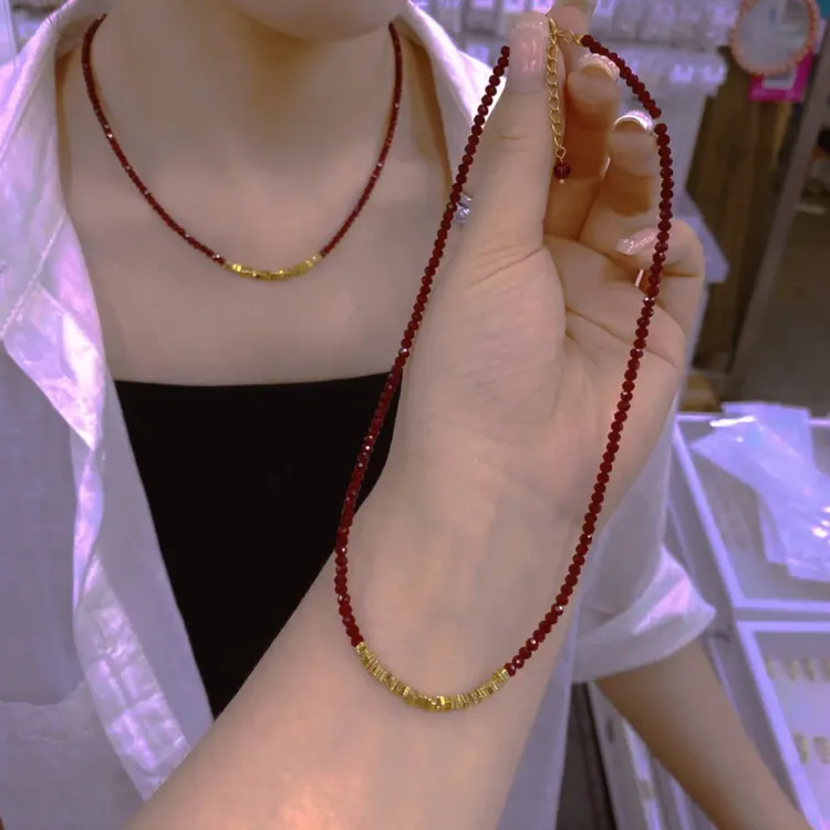 钛钢仿水晶项链 安可拉红色项链新款气质锁骨链小众轻奢高级颈链