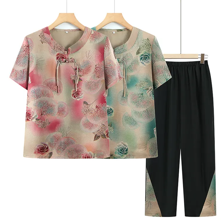 中老年女装妈妈夏天套装老年印花T恤洋气女奶奶装上衣裤子两件套