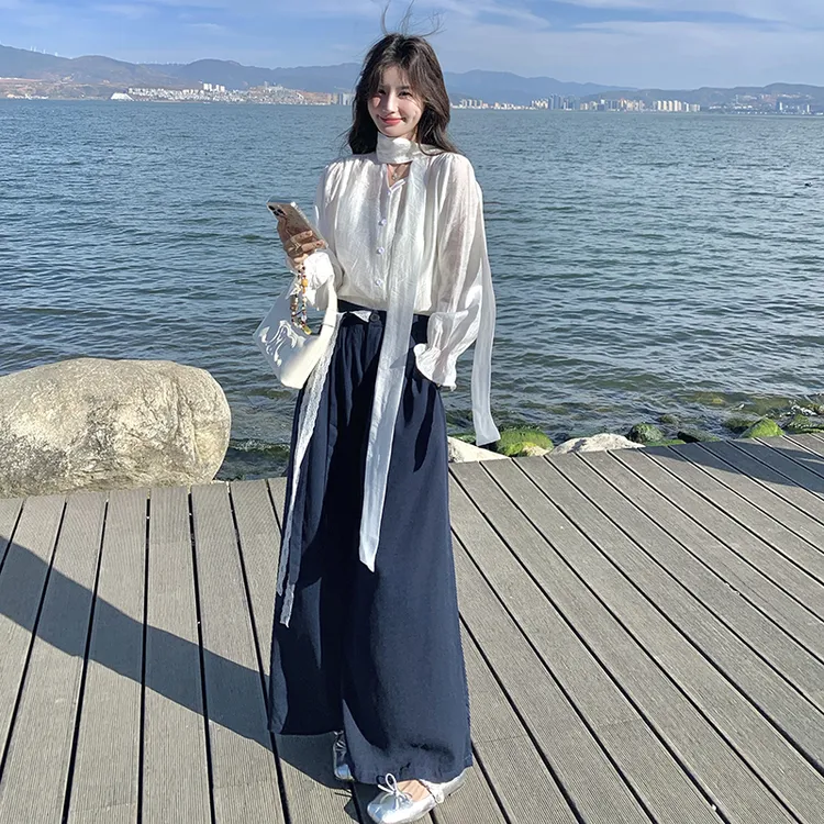 韩系气质女神范飘带装饰衬衫套装女秋季2025新款高腰阔腿裤两件套