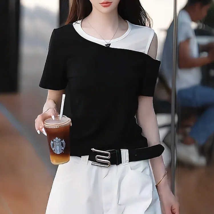 韩版小众洋气通勤百搭衣服女2026年夏季新款露肩设计感短袖T恤